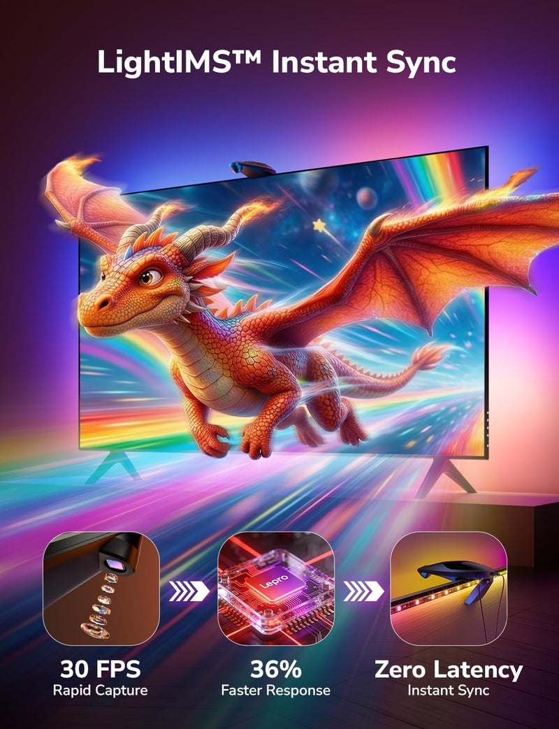 إضاءة خلفية ذكية للتلفزيون من Lepro STV1 مع كاميرا فائقة الاتساع لأجهزة التلفزيون مقاس 75-85 بوصة، شرائط LED، مزامنة فورية LightIMS، ألوان مطابقة للشاشة، ألعاب التلفزيون والسينما المنزلية، يعمل مع Alexa، واي فاي 2.4 جيجاهرتز - Image 2