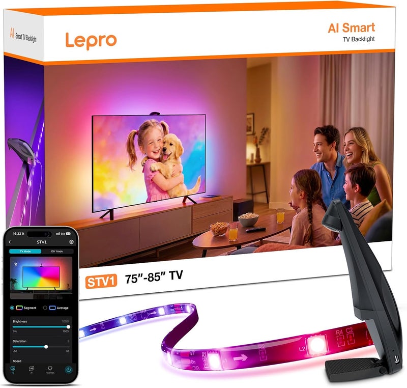 إضاءة خلفية ذكية للتلفزيون من Lepro STV1 مع كاميرا فائقة الاتساع لأجهزة التلفزيون مقاس 75-85 بوصة، شرائط LED، مزامنة فورية LightIMS، ألوان مطابقة للشاشة، ألعاب التلفزيون والسينما المنزلية، يعمل مع Alexa، واي فاي 2.4 جيجاهرتز - Image 1