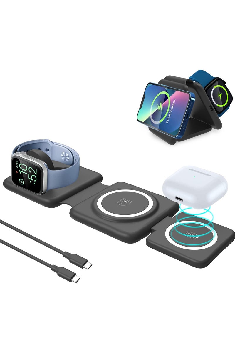 XICEN 3 in 1 Wireless Charger Magnetic Foldable Charging Station Fast Wireless Charging Pad (BLACK) - Image 1