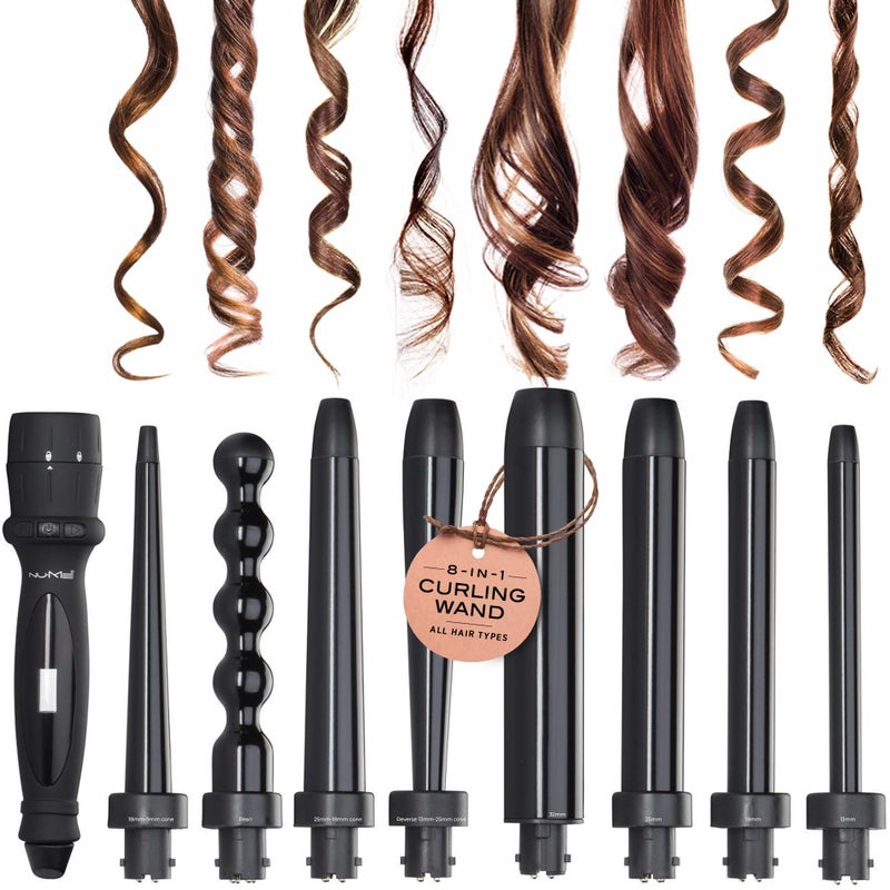 NuMe Octowand 8-in-1 Curling Wand Set, Interchangeable Tourmaline Ceramic Barrels 13mm - 32mm, Heat-Resistant Glove and Travel Case, LCD Digital Display - Image 2