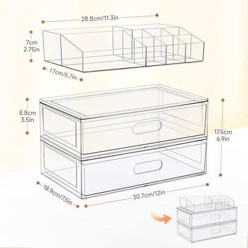Aurblozen Clear Stackable Makeup Organizer with Drawer, 12''W Acrylic Storage Drawers, Cosmetic Display Case for Vanity Bathroom Countertop, Beauty Holder for Lipstick Brush Skincare Perfume - Image 3