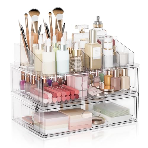 Aurblozen Clear Stackable Makeup Organizer with Drawer, 12''W Acrylic Storage Drawers, Cosmetic Display Case for Vanity Bathroom Countertop, Beauty Holder for Lipstick Brush Skincare Perfume - Image 1