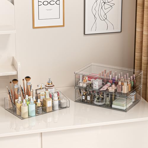 Aurblozen Clear Stackable Makeup Organizer with Drawer, 12''W Acrylic Storage Drawers, Cosmetic Display Case for Vanity Bathroom Countertop, Beauty Holder for Lipstick Brush Skincare Perfume - Image 5