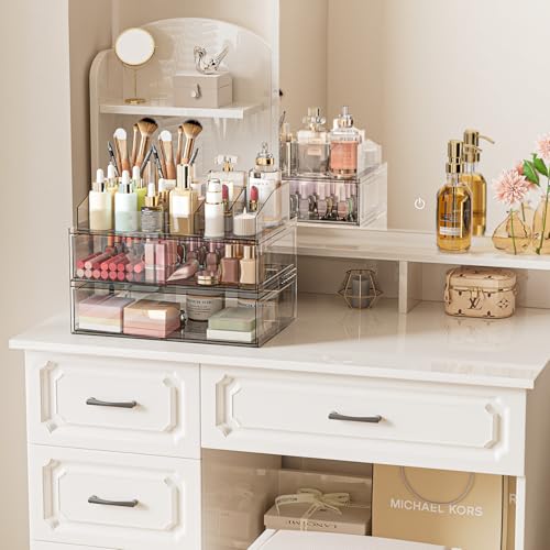 Aurblozen Clear Stackable Makeup Organizer with Drawer, 12''W Acrylic Storage Drawers, Cosmetic Display Case for Vanity Bathroom Countertop, Beauty Holder for Lipstick Brush Skincare Perfume - Image 2