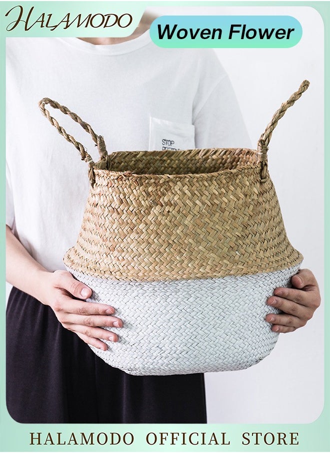 HALAMODO Woven Seagrass Belly Basket with Handles Ideal Wicker Baskets Storage Plant Pot Basket Grocery Basket for Laundry & Picnic & Plant Pot Cover & Beach Bag  - Image 1