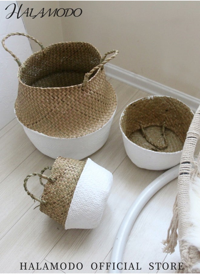 HALAMODO Woven Seagrass Belly Basket with Handles Ideal Wicker Baskets Storage Plant Pot Basket Grocery Basket for Laundry & Picnic & Plant Pot Cover & Beach Bag  - Image 2