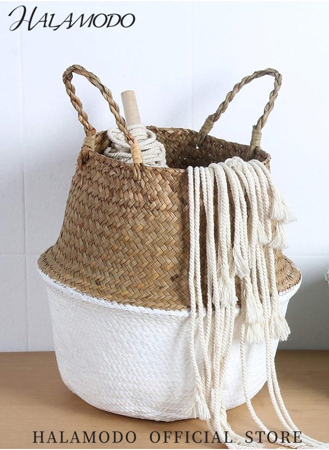 HALAMODO Woven Seagrass Belly Basket with Handles Ideal Wicker Baskets Storage Plant Pot Basket Grocery Basket for Laundry & Picnic & Plant Pot Cover & Beach Bag  - Image 5