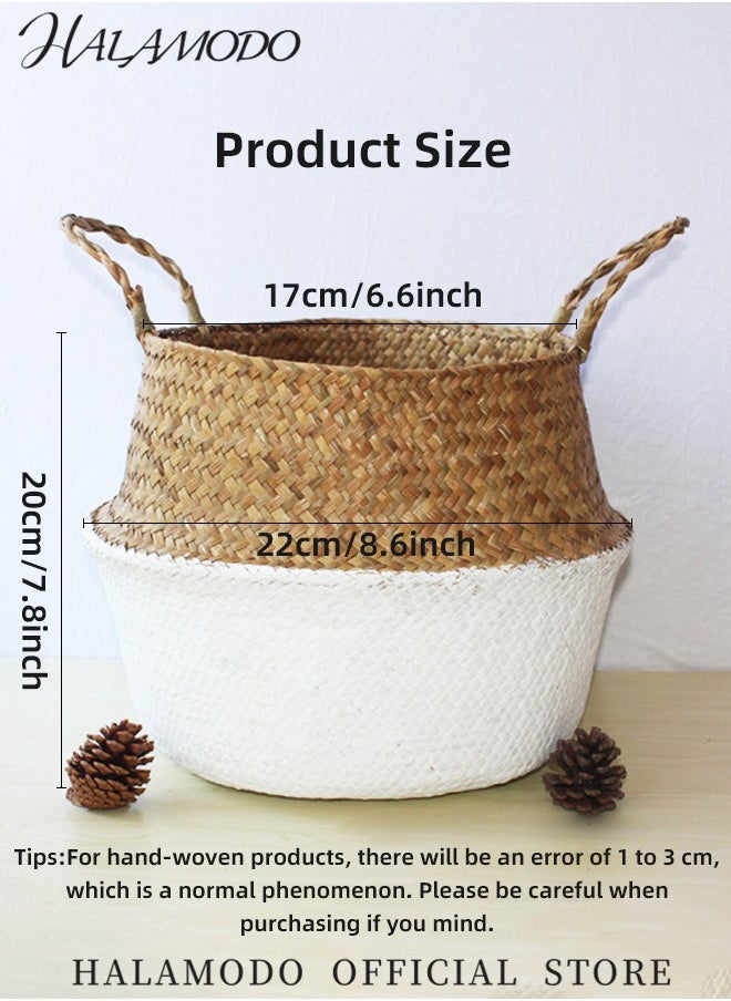 Woven Seagrass Belly Basket with Handles Ideal Wicker Baskets Storage Plant Pot Basket Grocery Basket for Laundry & Picnic & Plant Pot Cover & Beach Bag