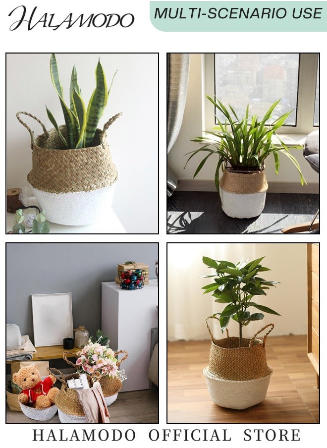 Woven Seagrass Belly Basket with Handles Ideal Wicker Baskets Storage Plant Pot Basket Grocery Basket for Laundry & Picnic & Plant Pot Cover & Beach Bag