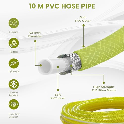 ROOTS & LEAF Roots and Leaf 10M 0.5 Inch Braided PVC Garden Hose Pipe with 8 Pattern Spray Gun with 4 Clamps and tap Adaptor - Yellow | Heavy Duty Water Pipe for Garden, Car Washing, Garden Pipe for Home - Image 4