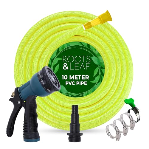 ROOTS & LEAF Roots and Leaf 10M 0.5 Inch Braided PVC Garden Hose Pipe with 8 Pattern Spray Gun with 4 Clamps and tap Adaptor - Yellow | Heavy Duty Water Pipe for Garden, Car Washing, Garden Pipe for Home - Image 1