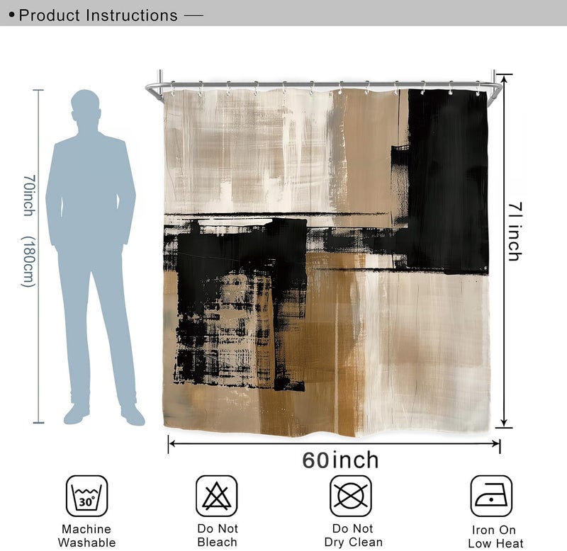 Miyotaa Abstract Minimalist Modern Shower Curtain Set 60Wx71H Inches Black Tan Neutral Contemporary Brushstroke Art Waterproof Bathroom Curtain with 12 Hooks - Image 3
