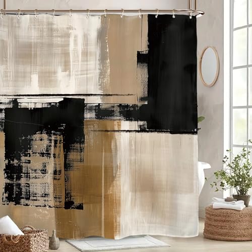 Miyotaa Abstract Minimalist Modern Shower Curtain Set 60Wx71H Inches Black Tan Neutral Contemporary Brushstroke Art Waterproof Bathroom Curtain with 12 Hooks - Image 4