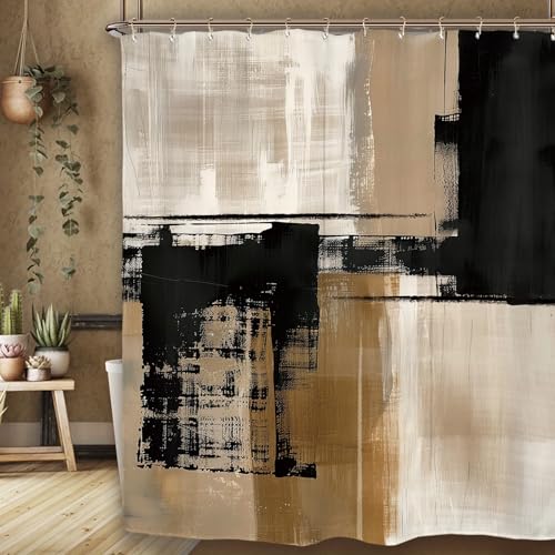 Miyotaa Abstract Minimalist Modern Shower Curtain Set 60Wx71H Inches Black Tan Neutral Contemporary Brushstroke Art Waterproof Bathroom Curtain with 12 Hooks - Image 2