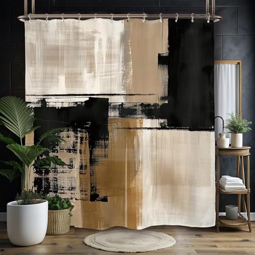 Miyotaa Abstract Minimalist Modern Shower Curtain Set 60Wx71H Inches Black Tan Neutral Contemporary Brushstroke Art Waterproof Bathroom Curtain with 12 Hooks - Image 5