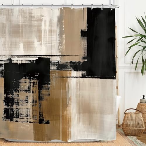 Miyotaa Abstract Minimalist Modern Shower Curtain Set 60Wx71H Inches Black Tan Neutral Contemporary Brushstroke Art Waterproof Bathroom Curtain with 12 Hooks - Image 1