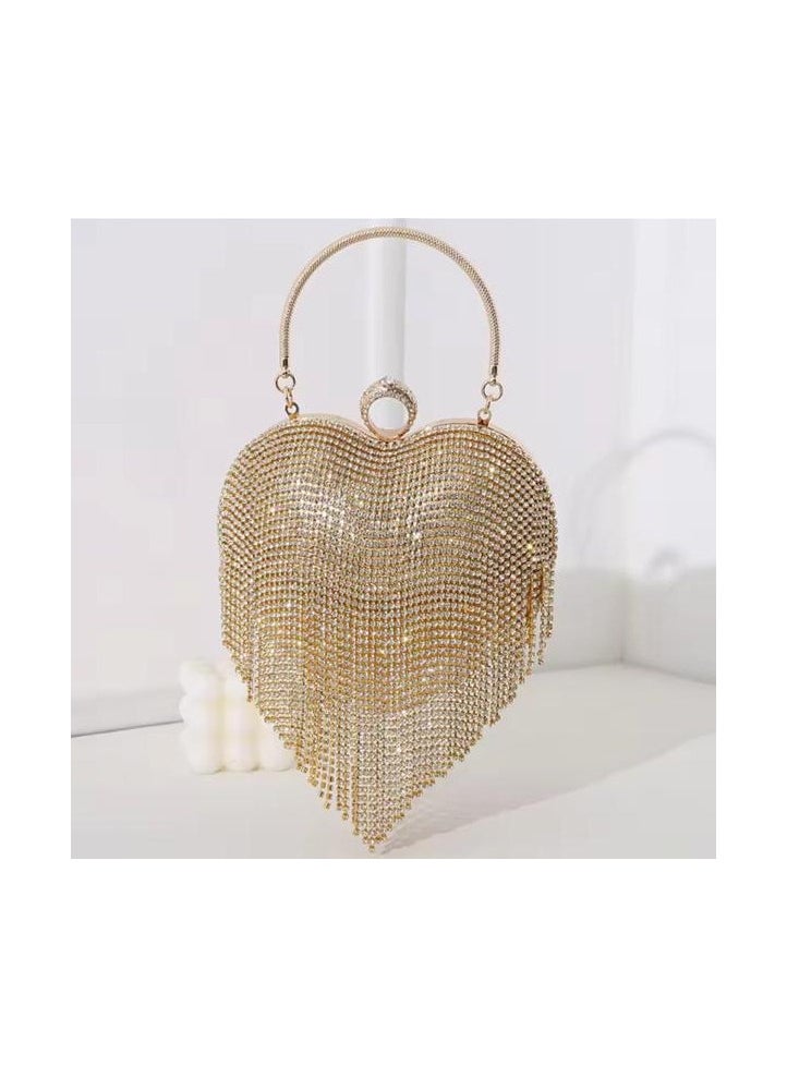 Generic Heart-shaped Clutch Bag with Tassels and Shiny Rhinestones for Evening Parties 