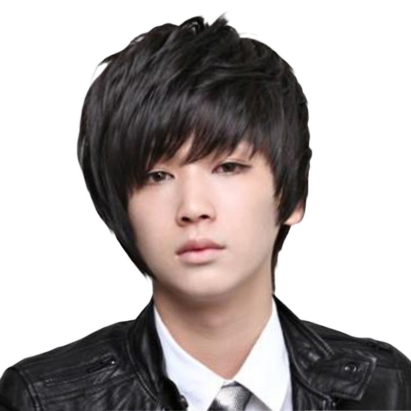 OMORFIEER Cool Mens Boys Short 25cm Straight Black Hair Party Heat Resistant Cosplay Wig