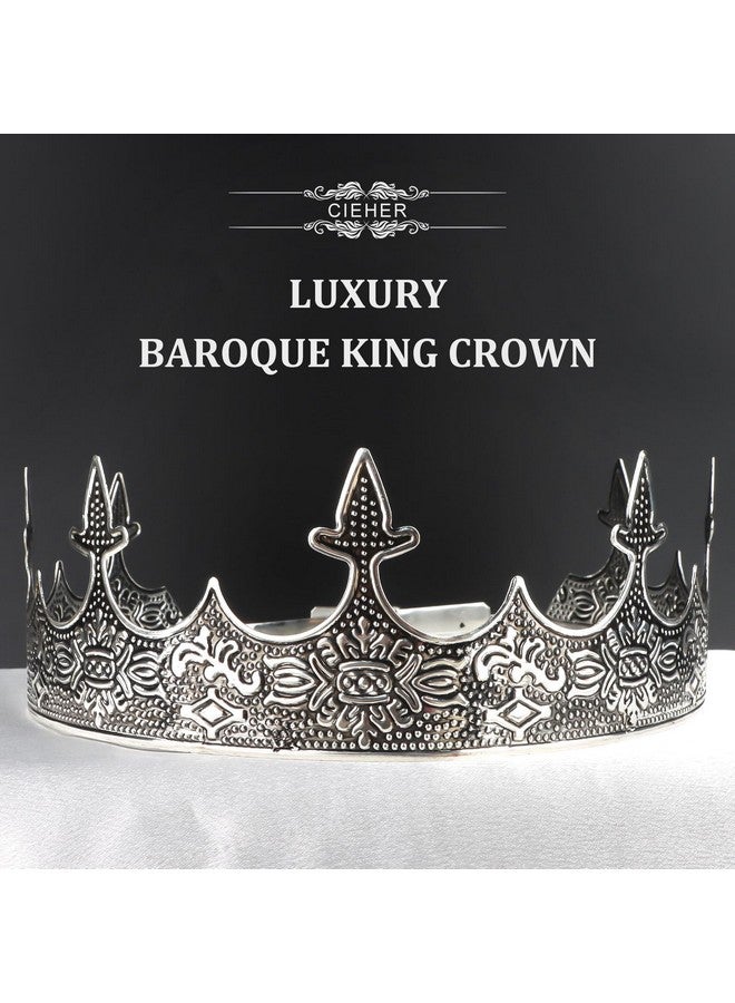 CIEHER King Crown, CIEHER King Crowns for Men Baroque Royal Crown (Adjustable Size) Prom Crown Prince Tiara Luxury Evil Crown for Birthday King Halloween Cosplay Party, Alexander - Ancient Silver - Image 3