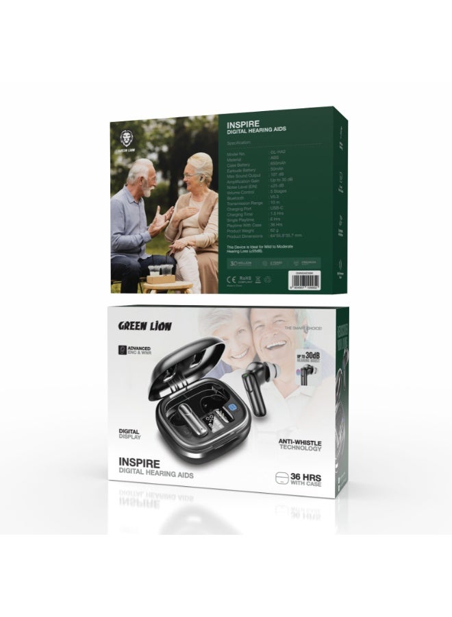 جرين ليون أجهزة سمع رقمية Inspire مزودة بتقنية ENC وWNR متقدمة وشاشة رقمية / تعزيز سمع يصل إلى 30 ديسيبل / 36 ساعة مع حافظة / وقت تشغيل 4 ساعات / تقنية مضادة للصفير - أسود - Image 3