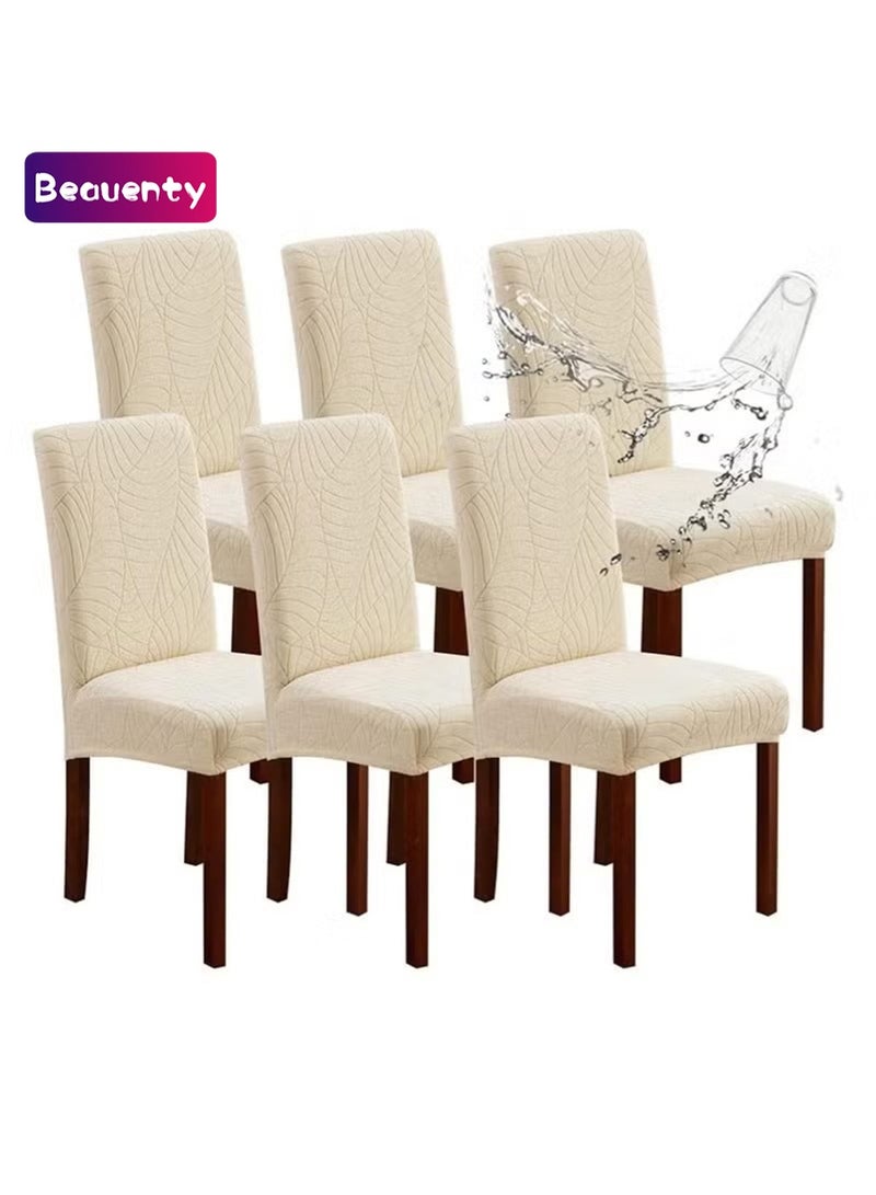 Beauenty 6 PCS Waterproof Chair Covers for Dining Room, Stretch Jacquard Dining Chair Slipcovers, Removable Washable Chair Protector for Kitchen, Hotel, Restaurant,Beige - Image 1