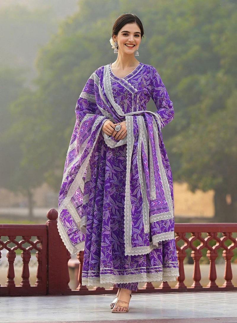 ISHIN Women'S Purple 100% Cotton Self Design Full Length Palazzo Kurta Set - Image 2