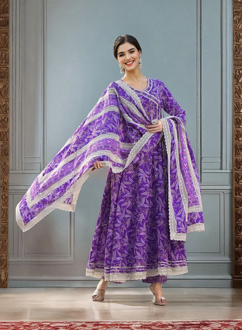 ISHIN Women'S Purple 100% Cotton Self Design Full Length Palazzo Kurta Set