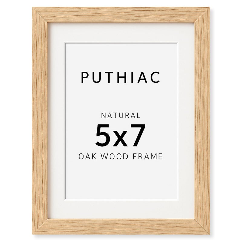 puthiac 5x7 Solid Oak Wood Picture Frame, Fits 4x6 with Mat or 5x7 Without Mat, Wall or Tabletop Display with Stand, Vertical or Horizontal, Plexi Front, 1 Pack, Natural Oak - Image 1