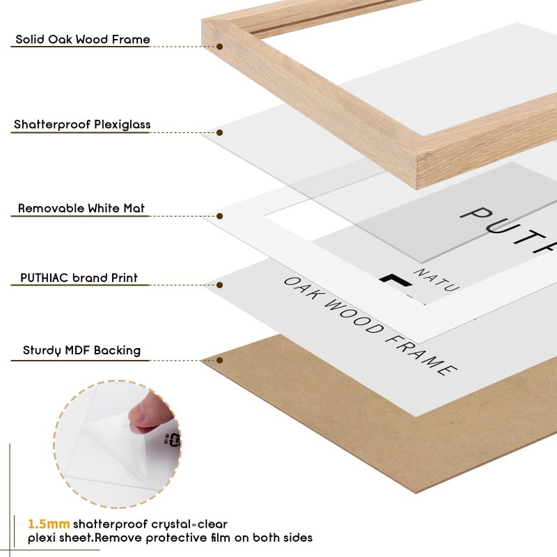 puthiac 5x7 Solid Oak Wood Picture Frame, Fits 4x6 with Mat or 5x7 Without Mat, Wall or Tabletop Display with Stand, Vertical or Horizontal, Plexi Front, 1 Pack, Natural Oak - Image 2