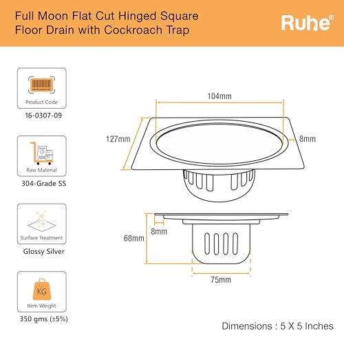 Ruhe® Full Moon Square Floor Drain Trap/Jali | 304-Grade Stainless Steel Drain Jali | 5 x 5 inches | Floor Drain with Cockroach Trap/Jali - Image 2