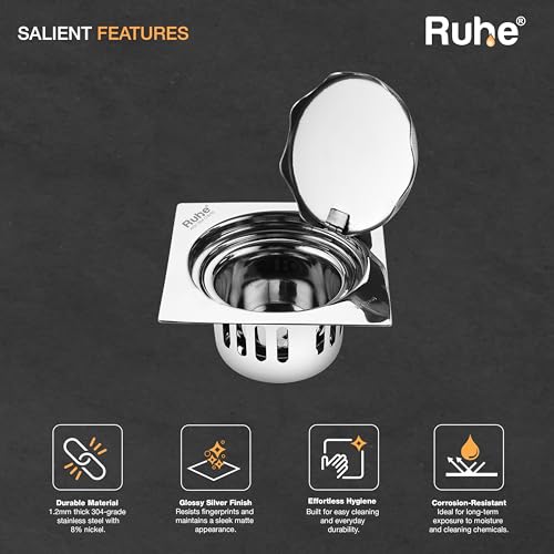 Ruhe® Full Moon Square Floor Drain Trap/Jali | 304-Grade Stainless Steel Drain Jali | 5 x 5 inches | Floor Drain with Cockroach Trap/Jali - Image 3