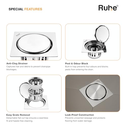 Ruhe® Full Moon Square Floor Drain Trap/Jali | 304-Grade Stainless Steel Drain Jali | 5 x 5 inches | Floor Drain with Cockroach Trap/Jali - Image 4