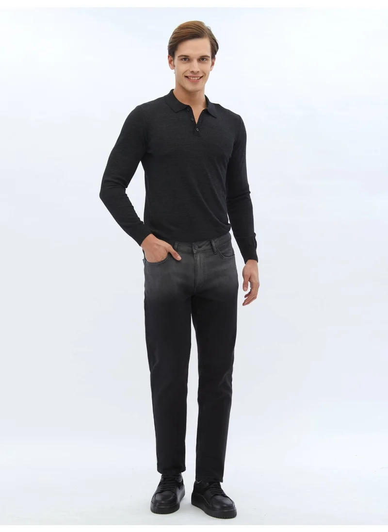 Kip Black Slim Fit Denim Cotton Blend Trousers