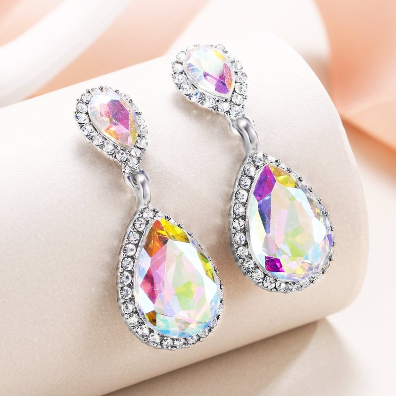 EVER FAITH Women's Austrian Crystal Wedding Tear Drop Dangle Earrings for Bride Iridescent AB Silver-Plated-Base - Image 3