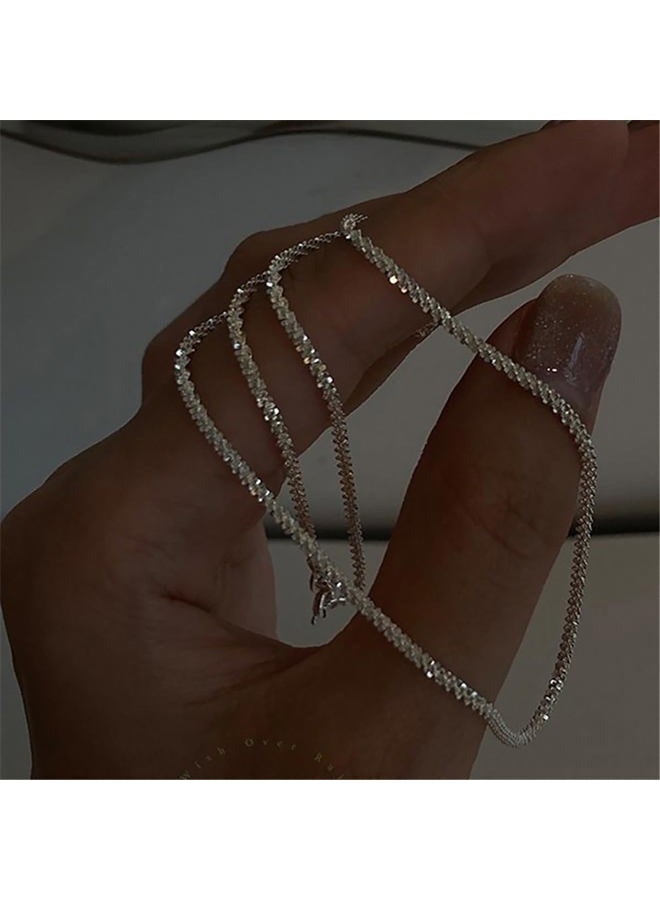 FUTIMELY Sparkling Clavicle Chain Necklace for Women 14K Gold/Silver Plated Tennis Necklace Trendy Herringbone Necklace Simple Stacked Choker Layering Jewelry Minimalist Gifts for Teen Girls (Silver) - Image 3