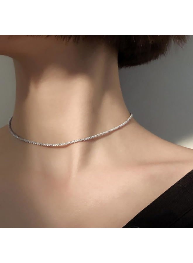 FUTIMELY Sparkling Clavicle Chain Necklace for Women 14K Gold/Silver Plated Tennis Necklace Trendy Herringbone Necklace Simple Stacked Choker Layering Jewelry Minimalist Gifts for Teen Girls (Silver) - Image 2