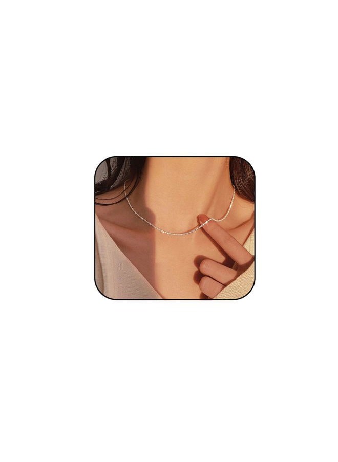 FUTIMELY Sparkling Clavicle Chain Necklace for Women 14K Gold/Silver Plated Tennis Necklace Trendy Herringbone Necklace Simple Stacked Choker Layering Jewelry Minimalist Gifts for Teen Girls (Silver) - Image 1