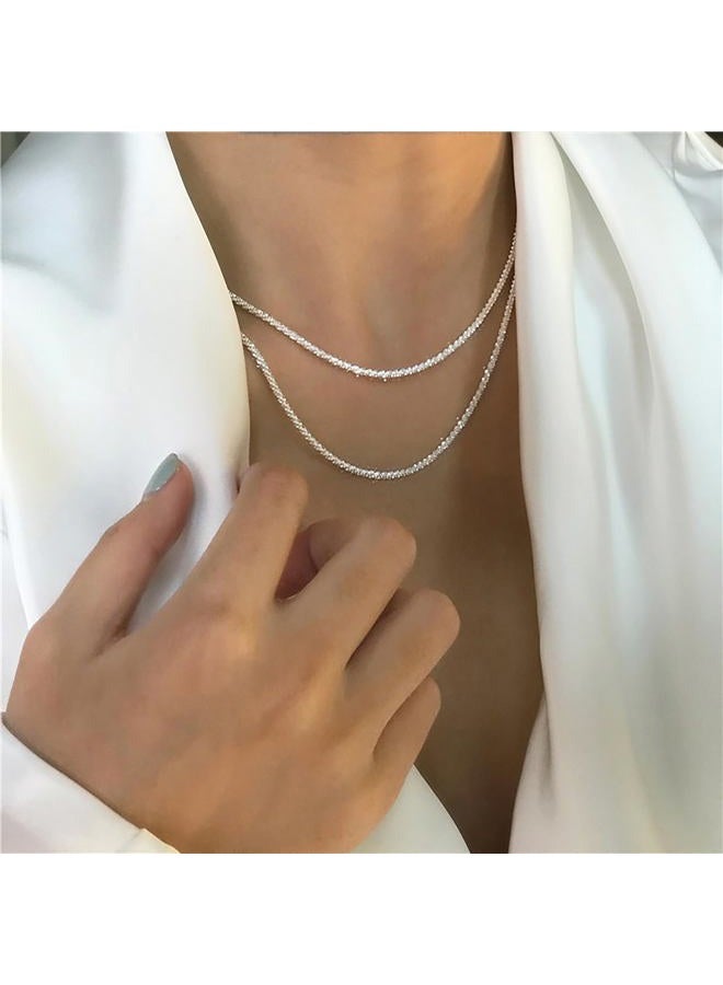 FUTIMELY Sparkling Clavicle Chain Necklace for Women 14K Gold/Silver Plated Tennis Necklace Trendy Herringbone Necklace Simple Stacked Choker Layering Jewelry Minimalist Gifts for Teen Girls (Silver) - Image 5