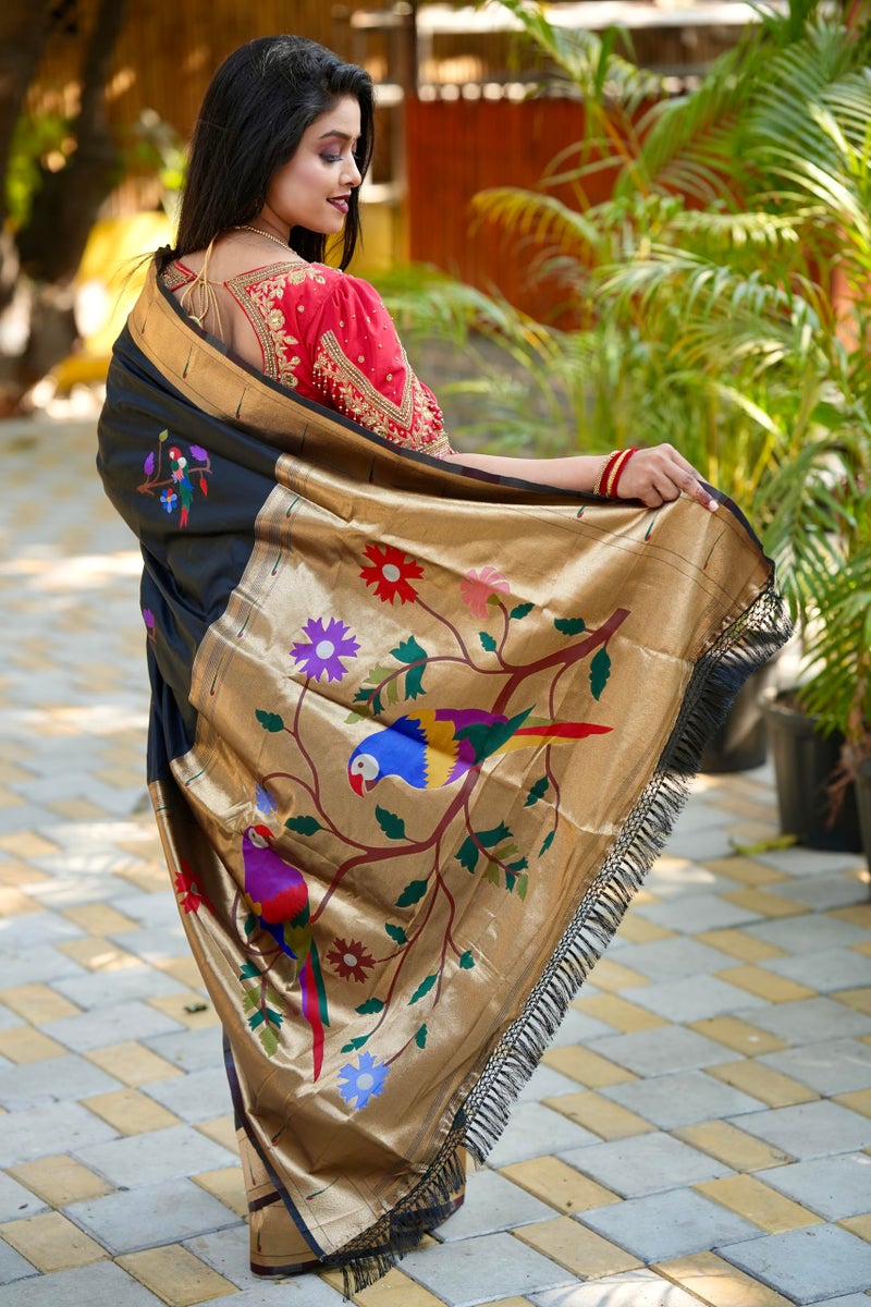 AMIRAT Women's Paithani Soft Silk Saree Pure Banarasi Silk Saree with Unstitched Blouse Piece (Black) - Image 5