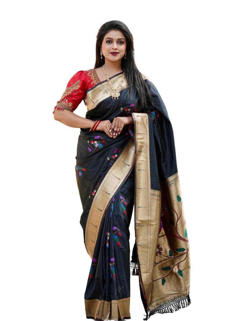 AMIRAT Women's Paithani Soft Silk Saree Pure Banarasi Silk Saree with Unstitched Blouse Piece (Black) - Image 1
