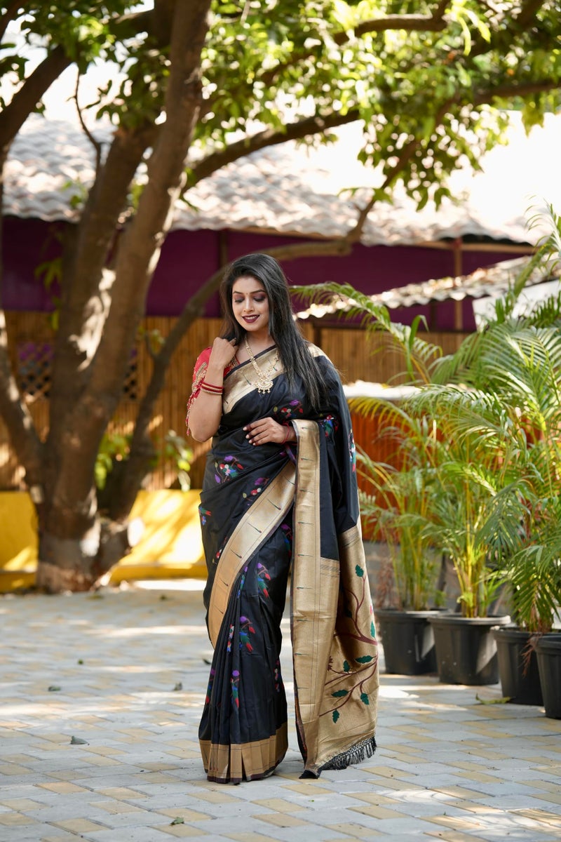 AMIRAT Women's Paithani Soft Silk Saree Pure Banarasi Silk Saree with Unstitched Blouse Piece (Black) - Image 4