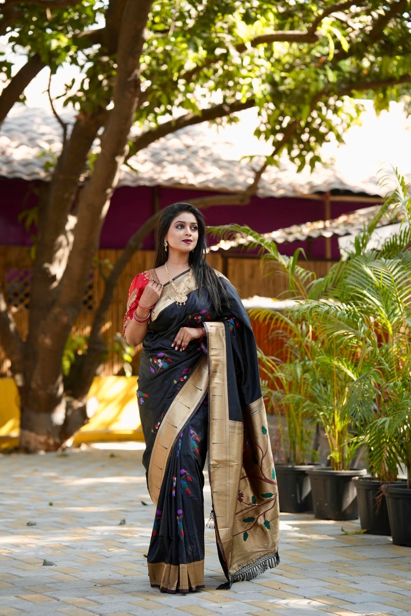 AMIRAT Women's Paithani Soft Silk Saree Pure Banarasi Silk Saree with Unstitched Blouse Piece (Black) - Image 2