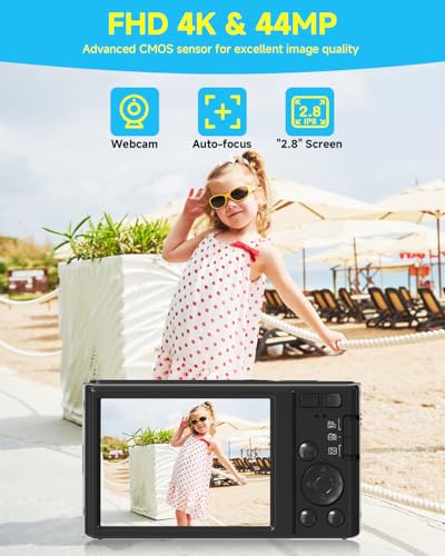SMARTKLIK Black Digital Camera 4K for Teens with 16X Zoom Auto Focus, Small Compact Portable Point and Shoot Boys/Girls Student Digital Camera with 64G SD Card, 2 Batteries - Image 2