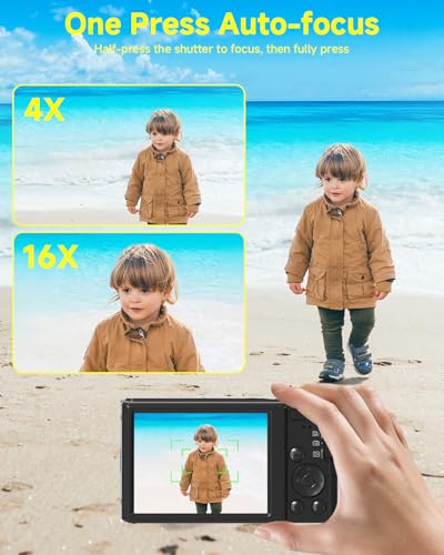 SMARTKLIK Black Digital Camera 4K for Teens with 16X Zoom Auto Focus, Small Compact Portable Point and Shoot Boys/Girls Student Digital Camera with 64G SD Card, 2 Batteries - Image 3