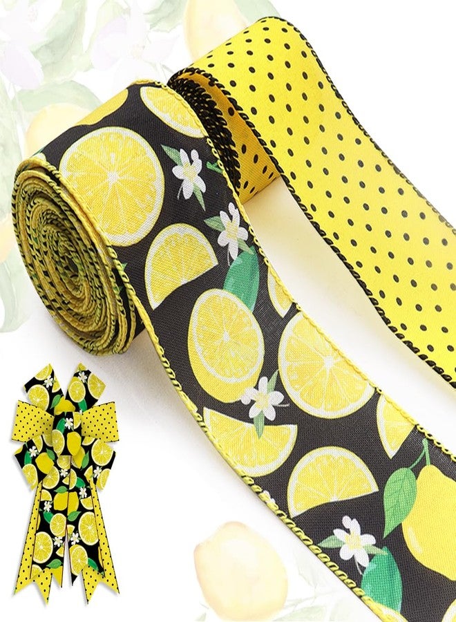 ALIBBON 2 Rolls 2.5" × 5 Yd Summer Lemon Wired Ribbon Summer Flower Burlap Ribbons Fruits Ribbon Flaxen Yellow Dots Ribbon for Summer Wreath DIY Crafting Gifts Wrapping Party Decoration - Image 1