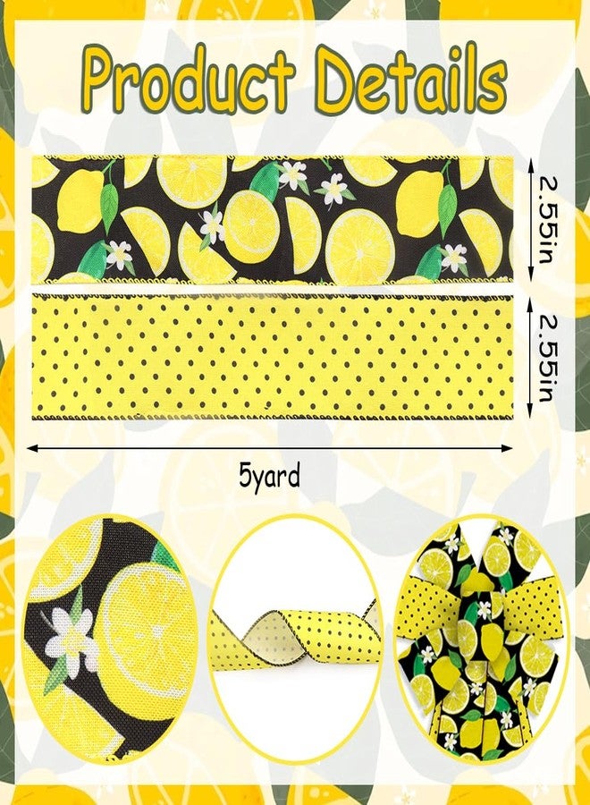 ALIBBON 2 Rolls 2.5" × 5 Yd Summer Lemon Wired Ribbon Summer Flower Burlap Ribbons Fruits Ribbon Flaxen Yellow Dots Ribbon for Summer Wreath DIY Crafting Gifts Wrapping Party Decoration - Image 2