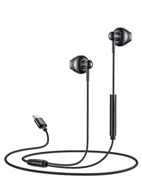 Earphones with Wired Control and Ergonomic Design, 3 Buttons and Type-C Connector, Yesido YH49 - Black