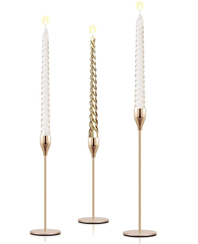 GOLD CANDLE HOLDERS SET OF 3 TAPER CANDLESTICK HOLDERS VINTAGE METAL BRASS MODERN TALL PILLAR MANTLE CANDLE STAND DECORATIVE CANDLE STICKS LONG HOLDERS FOR TABLE CENTERPIECE WEDDING PARTY DINNING