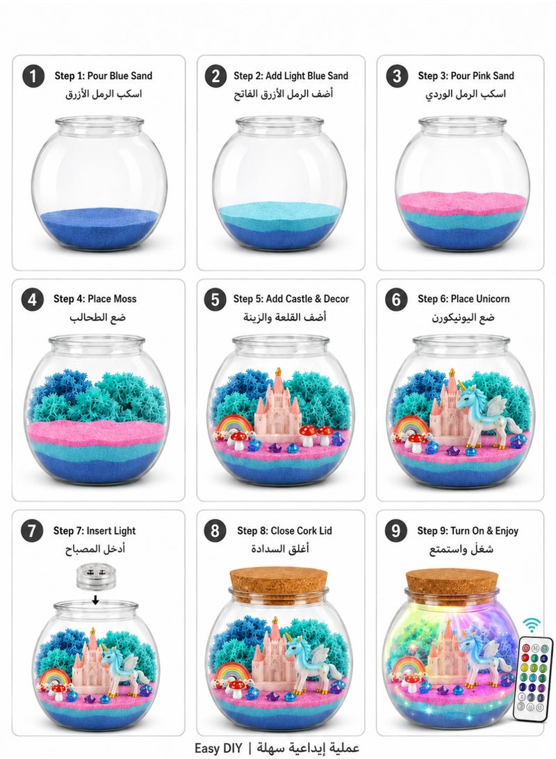 ARNOTEC Unicorn DIY Terrarium Night Light Kit for Girls Kids, 13 Color LED Remote Control Lamp, Magic Sand Craft Set, Birthday & Holiday Gift, Bedroom Decor Night Light - Image 3