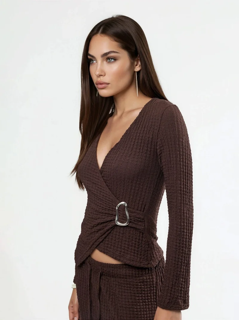 بوسيم BUSEM Textured V-Neck Wrap Top with Belt